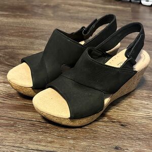 Clarks Black Leather Sandals Wedges
